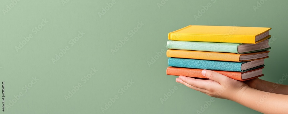 Hand holding colorful books against a green background. Hand holding colorful books against a green background.