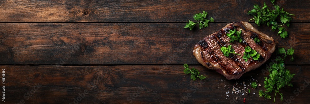 Savory grilled steak garnished with herbs on a rustic wooden table, perfect for culinary presentations and food photography. Savory grilled steak garnished with herbs on a rustic wooden table, perfect for culinary presentations and food photography.