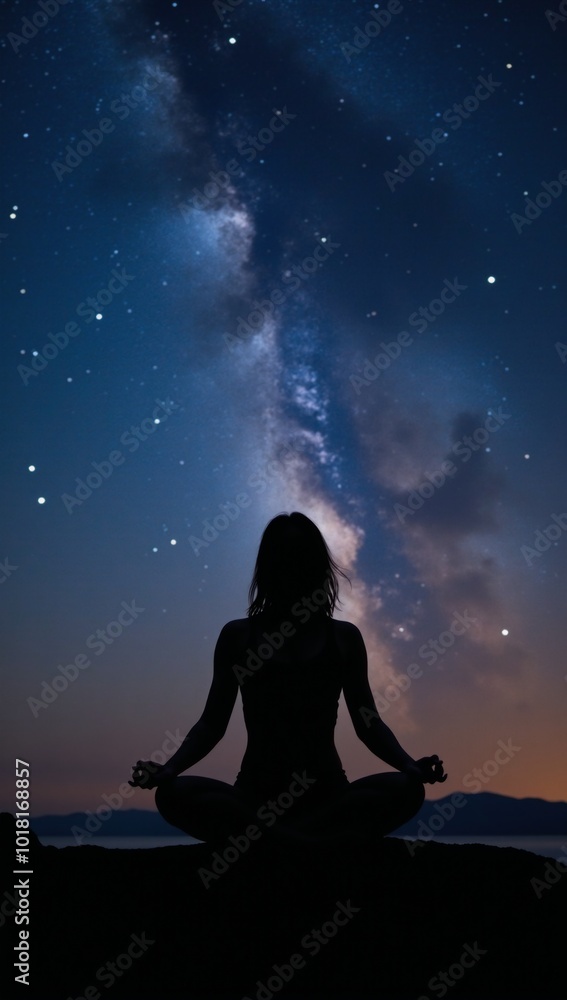 Digital illustration featuring a woman mediating in the Lotus Position against a backdrop of a serene night sky embodying zen calmness spiritual harmony balance and focus through her yogic silhouette Digital illustration featuring a woman mediating in the Lotus Position against a backdrop of a serene night sky embodying zen calmness spiritual harmony balance and focus through her yogic silhouette