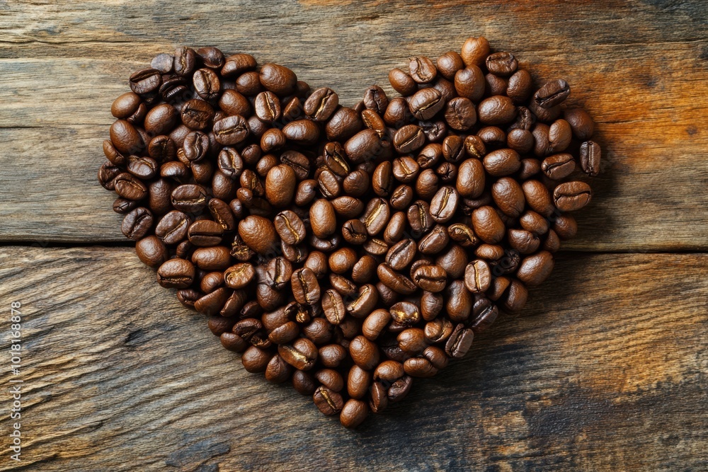 coffee beans forming heart shape on wood, cozy warm coffee concept coffee beans forming heart shape on wood, cozy warm coffee concept