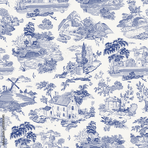 Seamless pattern. Woodland. Toile inspired. Vector vintage illustration. Blue and white. 