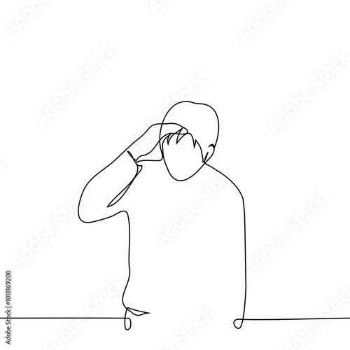 man standing shaded his eyes - one line art vector. concept look into the distance, in sunlight or bad weather, poor visibility