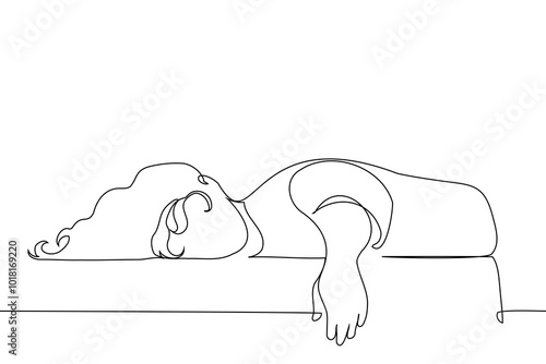 woman lying relaxed on hard surface - one line art vector. concept fatigue at work, burnout, apathy, daytime sleep