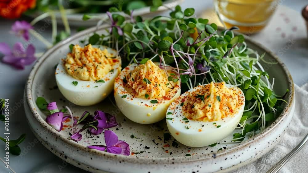 Three deviled eggs are served on a plate with microgreens Three deviled eggs are served on a plate with microgreens