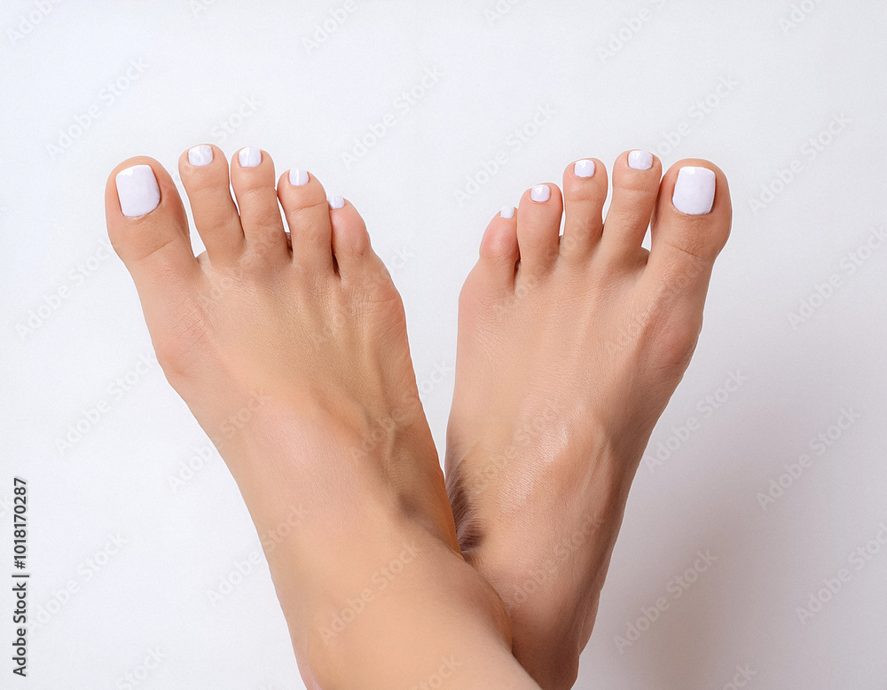woman feet with white nail polish on white background woman feet with white nail polish on white background