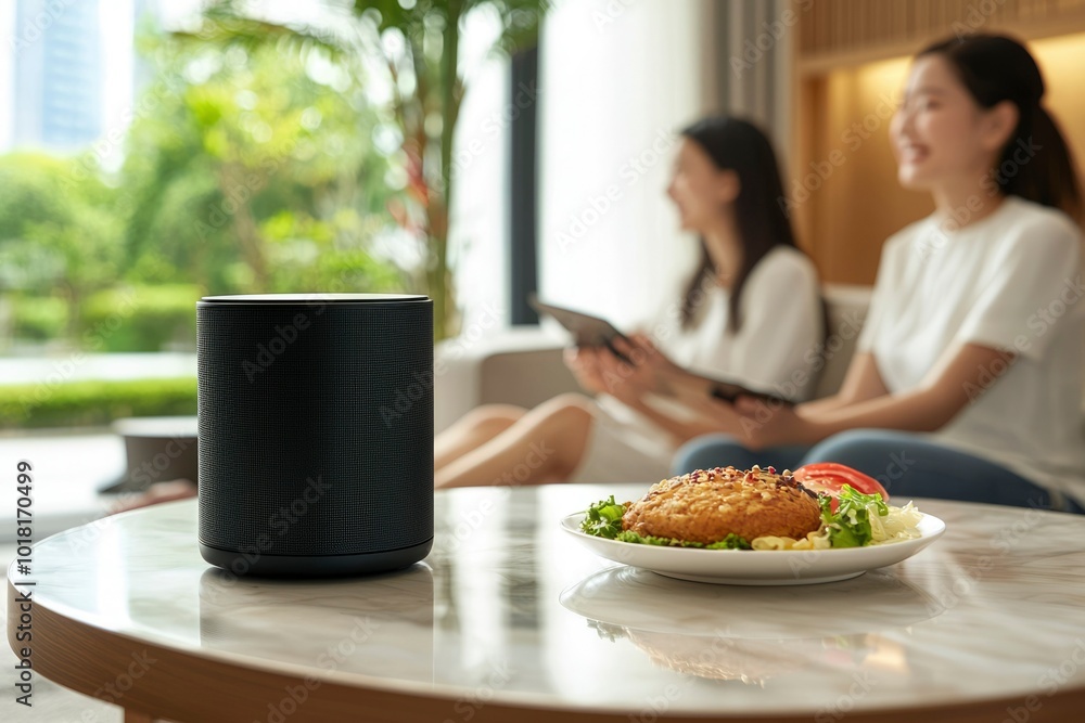 Black Smart Speaker on a Marble Tabletop with a Plate of Food in the Foreground Black Smart Speaker on a Marble Tabletop with a Plate of Food in the Foreground