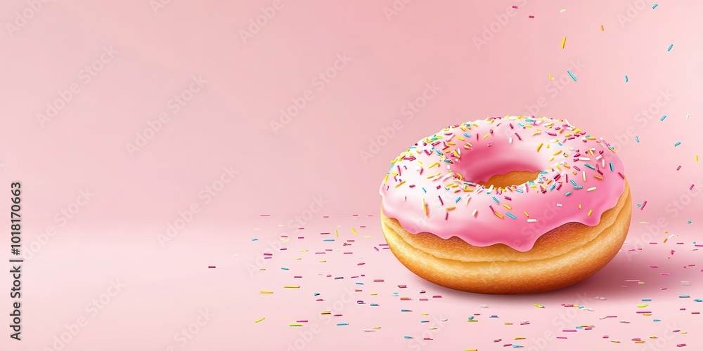 A delicious pink frosted donut sprinkled with colorful toppings on a pastel pink background. A delicious pink frosted donut sprinkled with colorful toppings on a pastel pink background.
