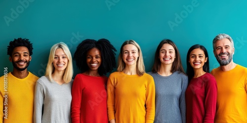 A diverse group of smiling individuals in colorful attire, standing together against a vibrant backdrop, showcasing unity and joy.