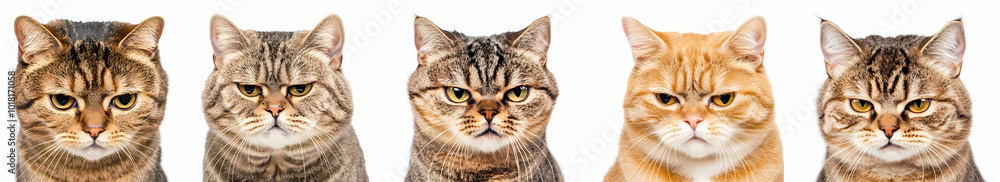 Group of five cats showcasing distinct angry facial expressions and fur patterns against a simple white background. Generative ai. Group of five cats showcasing distinct angry facial expressions and fur patterns against a simple white background. Generative ai.