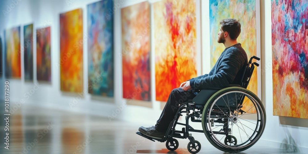 Obraz premium A man in a wheelchair enjoys vibrant artwork in a modern gallery, showcasing inclusivity and accessibility in art spaces.