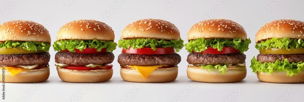 A mouthwatering display of gourmet hamburgers with fresh ingredients, perfect for food lovers and culinary enthusiasts. A mouthwatering display of gourmet hamburgers with fresh ingredients, perfect for food lovers and culinary enthusiasts.