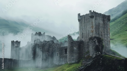 Ancient stone castle with tall towers and fortified walls surrounded by misty hills