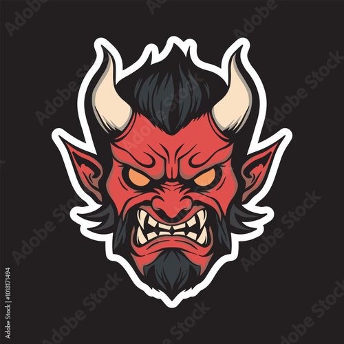 a devil with a red face and horns art illustration for stickers logo poster etc
