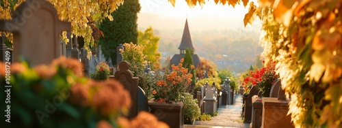 A beautiful cemetery. Memorial Day for the Dead. Funeral services. Care of the grave. A public burial place photo