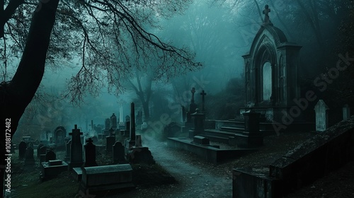 A scary old gloomy cemetery. Halloween decorations. Day of the Dead. Commemoration of the dead. Dark landscape photo