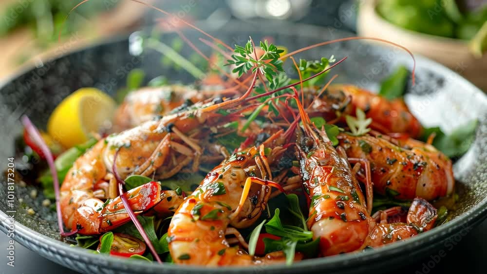 Steaming, fresh shrimp with a side of salad, ready to be enjoyed Steaming, fresh shrimp with a side of salad, ready to be enjoyed