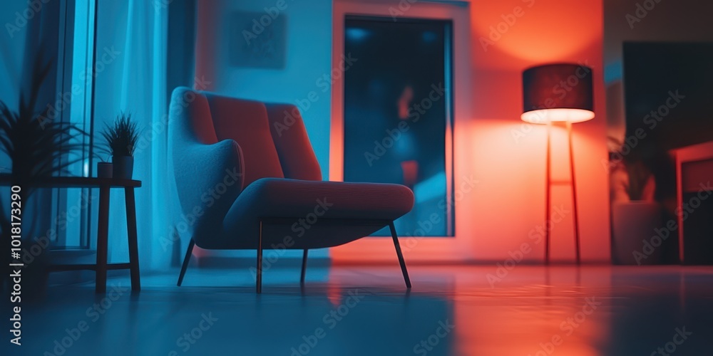A stylish armchair in a modern living room illuminated by vibrant blue and orange lights, creating a cozy atmosphere. A stylish armchair in a modern living room illuminated by vibrant blue and orange lights, creating a cozy atmosphere.