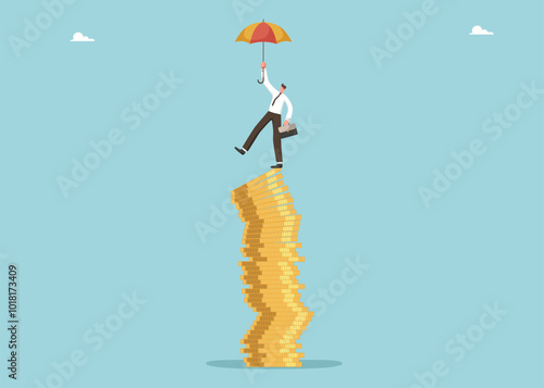 Stabilizing economy during stock market downturn, financial improvement, finding survival strategy during crisis, solving problems of declining business value, man balancing on falling stack of coins.