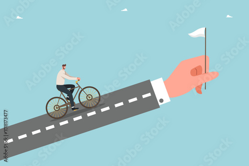 Leadership to achieve highest result, creating the right strategy for achieving goals, great success and effectiveness in completing tasks, man on bicycle rides on human hand as if on road to flag.