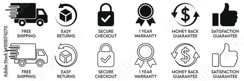 E-commerce security badges risk free shopping icons set. Vector illustration photo