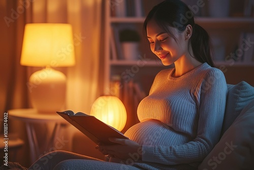 Pregnant Woman Relaxing on a Couch and Reading a Book by Lamplight photo