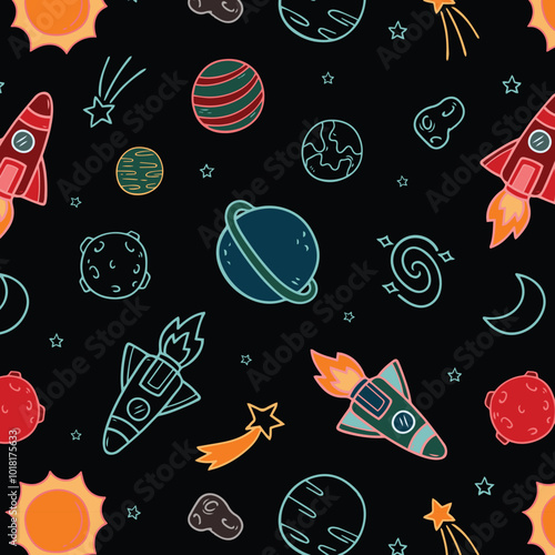Color seamless space pattern. Hand drawn planets, cosmic galaxy texture and doodle moon vector illustration. Universe exploration, cosmos symbols texture. Colorful wallpaper, cosmic textile design
