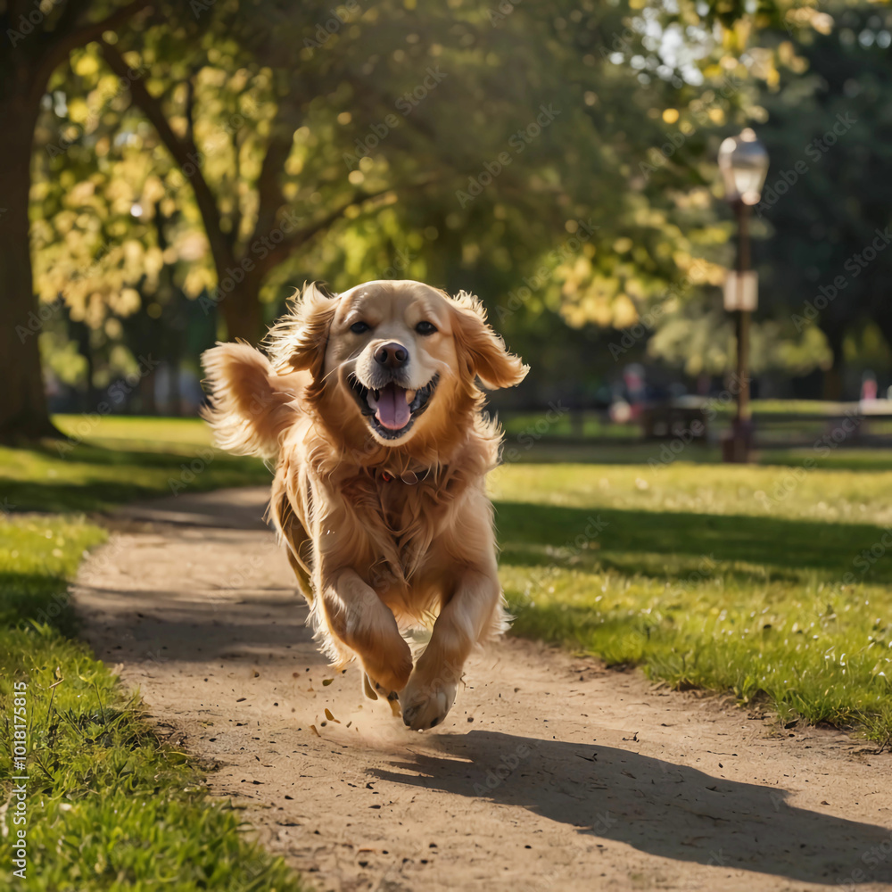 A golden retriever running happily in a park A golden retriever running happily in a park