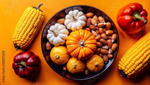 Autumn harvest concept featuring a top view of raw vegetables like pumpkins, pattypans, corn, walnuts, and physalis on an isolated orange background, with ample copy space. photo