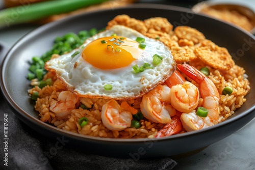 Indonesian nasi goreng fried rice served with a fried egg on top, shrimp crackers on the side, and garnished with green onions. photo