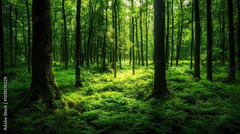 Obraz premium Sunlight Filtering Through Trees in a Lush Forest