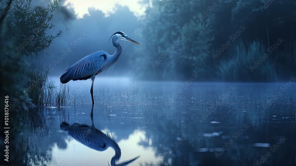 Fototapeta premium A blue heron standing still in a calm lake, its reflection mirrored in the water.
