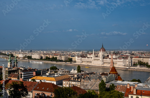 Budapest, Hungary. August 26, 2022. Aerial view of the parliament. Overlooking the Danube it stands out from the rest of the landscape. Beautiful summer day.