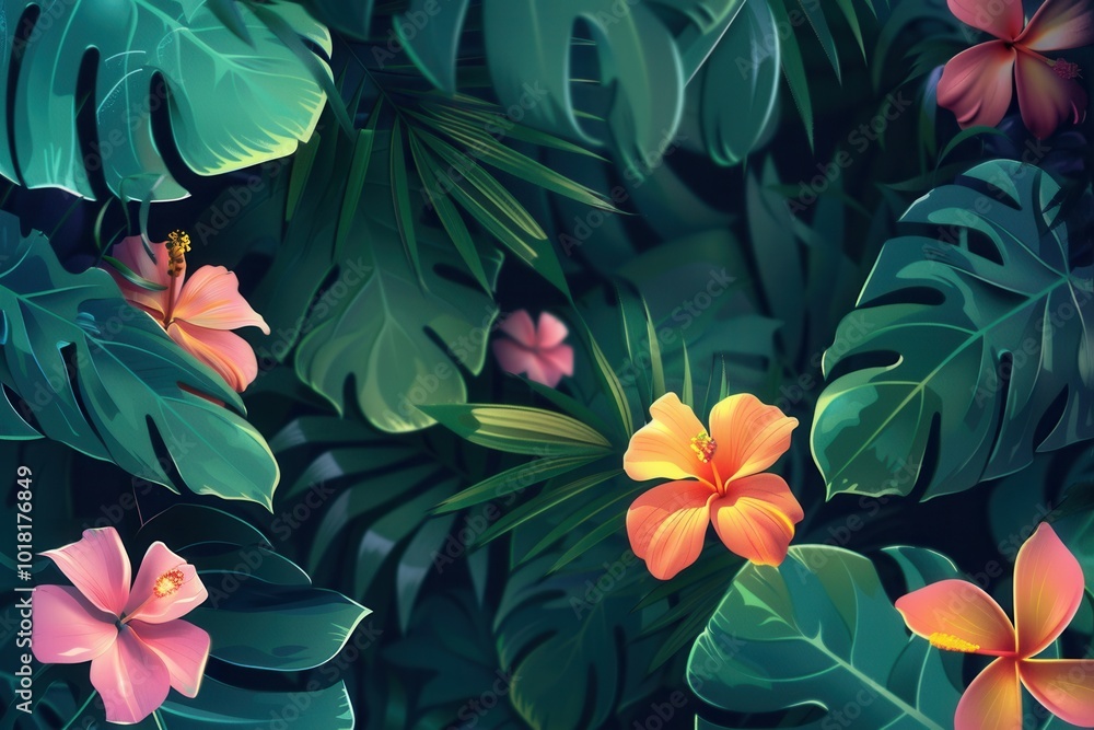 Fototapeta premium Lush greenery surrounds bright hibiscus flowers, showcasing a tropical paradise filled with vibrant colors and rich foliage. Generative AI