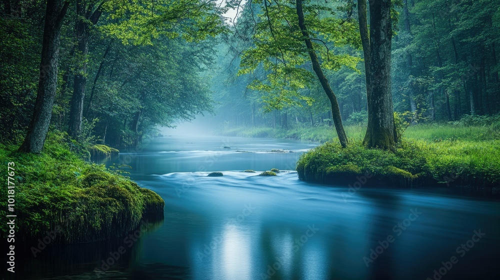 Obraz premium A calm blue river flowing through a dense green forest in the early morning.