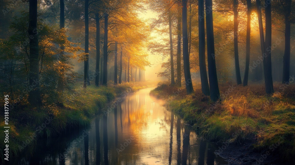 Naklejka premium Golden Hour Reflections in a Misty Forest