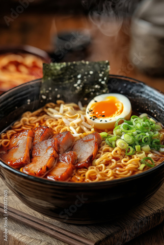 Street-style bowl of spicy ramen noodles with soft-boiled egg, sliced pork, and green onions in a rustic setting, steam rising from the bowl.