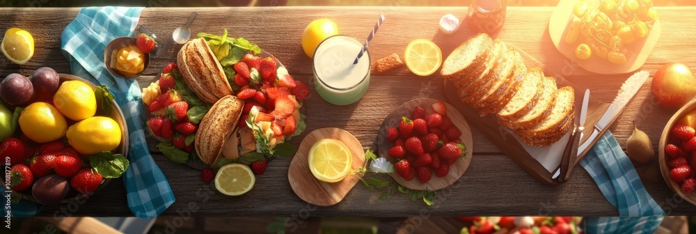 Naklejka premium A scenic outdoor picnic featuring sandwiches, fresh fruit drinks, and a variety of fruits, set in a sunlit garden setting.