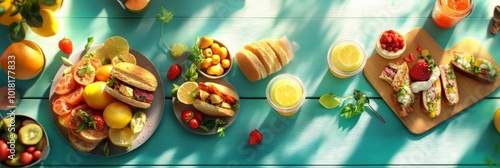 A scenic outdoor picnic featuring sandwiches, fresh fruit drinks, and a variety of fruits, set in a sunlit garden setting.