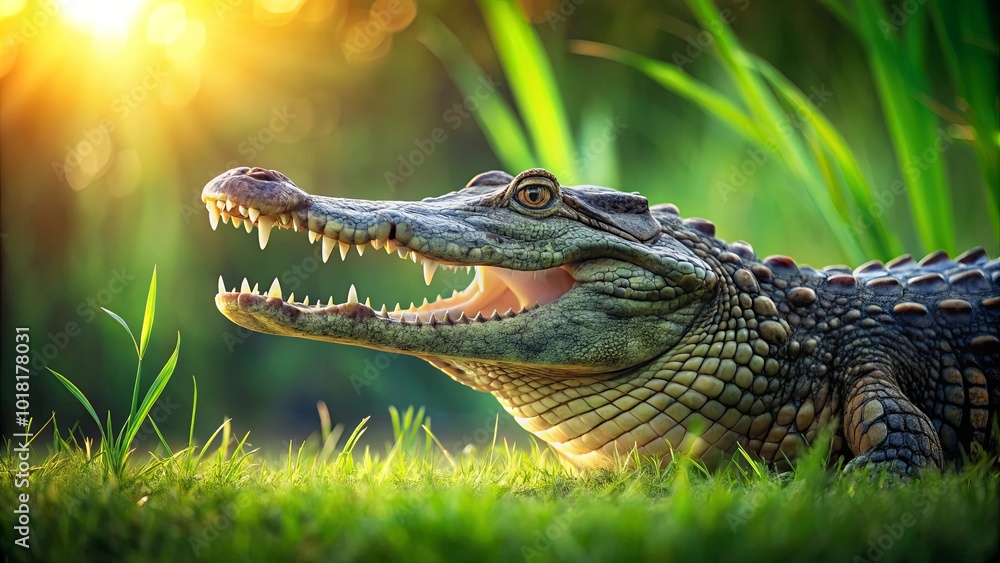 Obraz premium A Crocodile's Jaw Gapes Open, Revealing Rows of Sharp Teeth, as it Lies Amidst Lush Green Grass, Sunbeams Filtering Through the Foliage