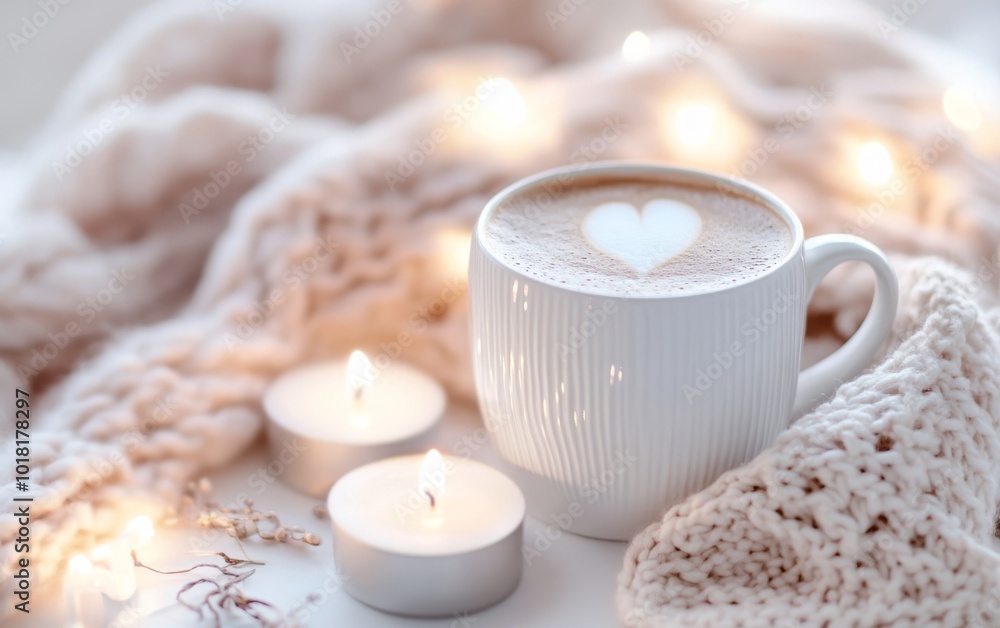 Cozy Coffee Setting. Soft Candles and Warm Knit Blanket for Comfort. Winter still life. White ceramic cup, candlelight. Hot beverage on window sill. Christmas home. Woolen knitted sweater, burn candle Cozy Coffee Setting. Soft Candles and Warm Knit Blanket for Comfort. Winter still life. White ceramic cup, candlelight. Hot beverage on window sill. Christmas home. Woolen knitted sweater, burn candle