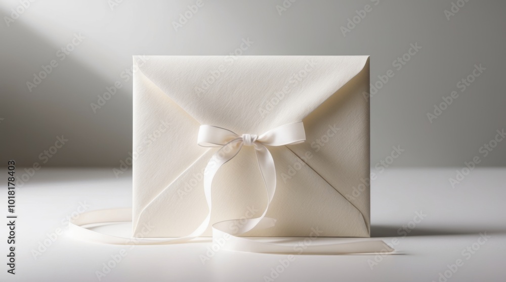 A soft creamy white envelope with a subtle texture adorned with a delicate snow-white ribbon tied in a gentle A soft creamy white envelope with a subtle texture adorned with a delicate snow-white ribbon tied in a gentle