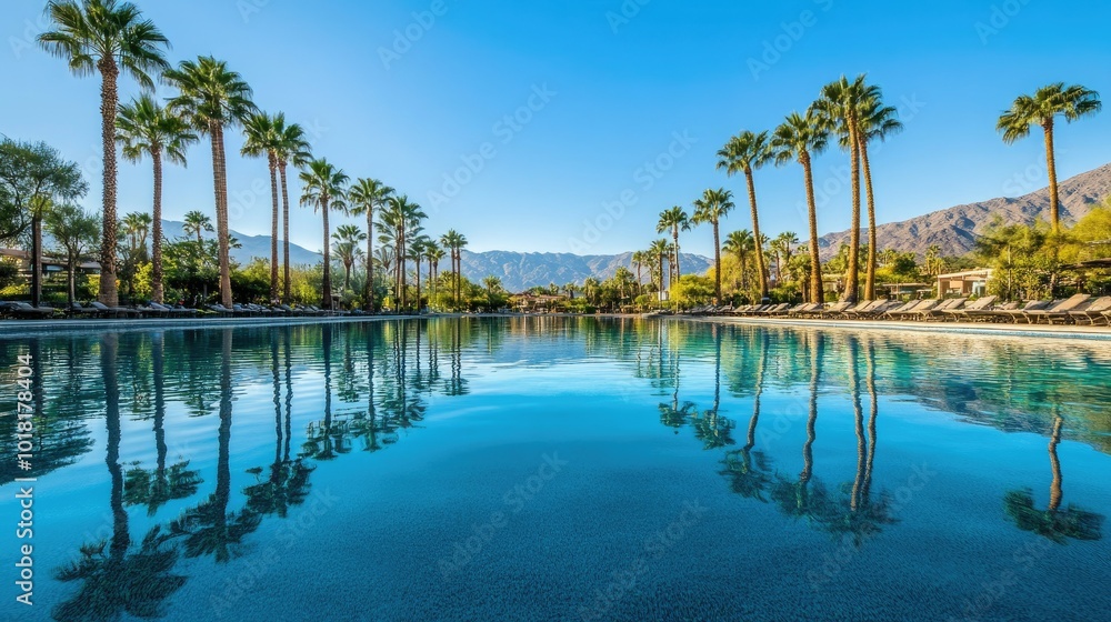 Fototapeta premium A clear blue pool of water, perfectly still, reflecting the palm trees around it.