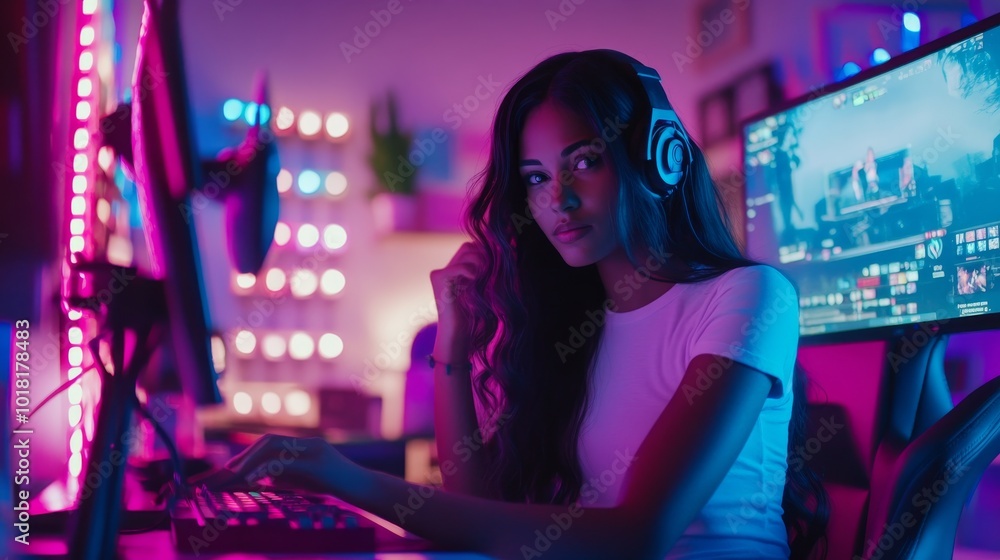 Woman live streaming her video game session in a high-tech gaming room with neon RGB lights, dual monitors, and a professional mic. She focused on the screen with an intense expression. Woman live streaming her video game session in a high-tech gaming room with neon RGB lights, dual monitors, and a professional mic. She focused on the screen with an intense expression.