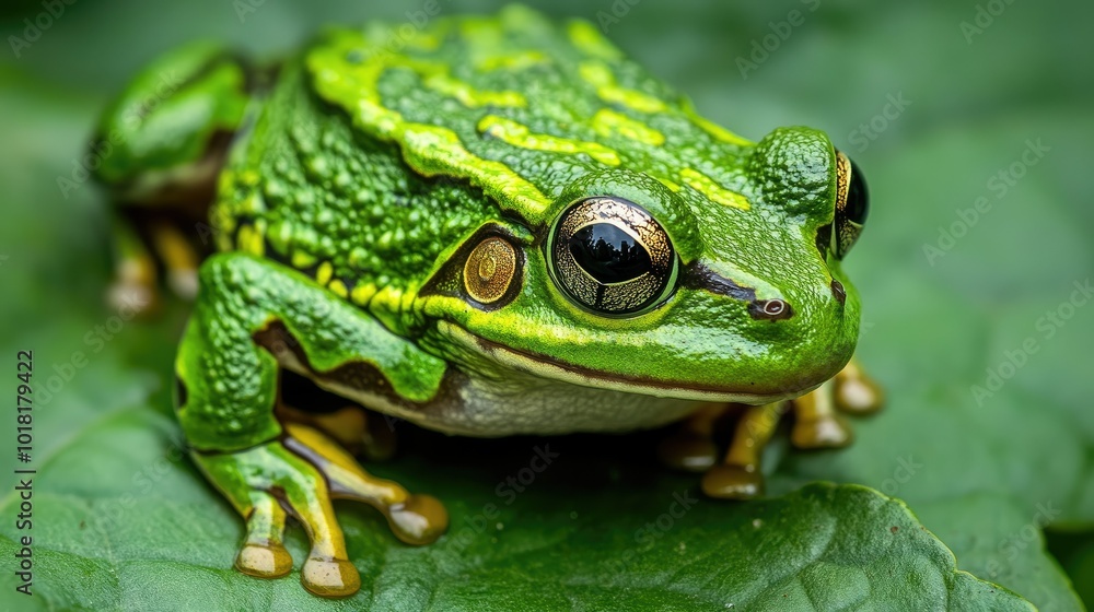 Fototapeta premium A close-up of a vibrant green frog resting on a leaf, showcasing its unique patterns and texture.