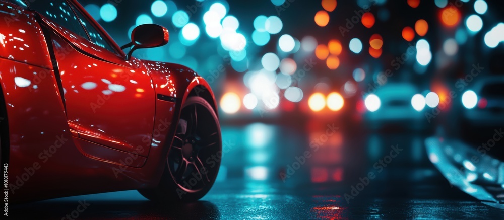Red sports car in vibrant night cityscape with bokeh lights Red sports car in vibrant night cityscape with bokeh lights