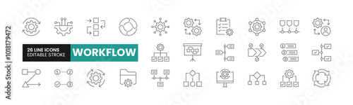 Set of 26 Workflow line icons set. Workflow outline icons with editable stroke collection. Includes Process, Timeline, Processing, Networking, Project, and More.