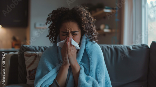 Sick woman wrapped in blanket sneezing on couch at home during winter season photo