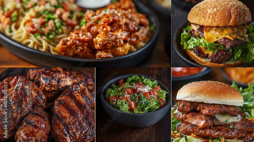 A collage of various food dishes, including burgers, pasta, chicken, and salad. A collage of various food dishes, including burgers, pasta, chicken, and salad.
