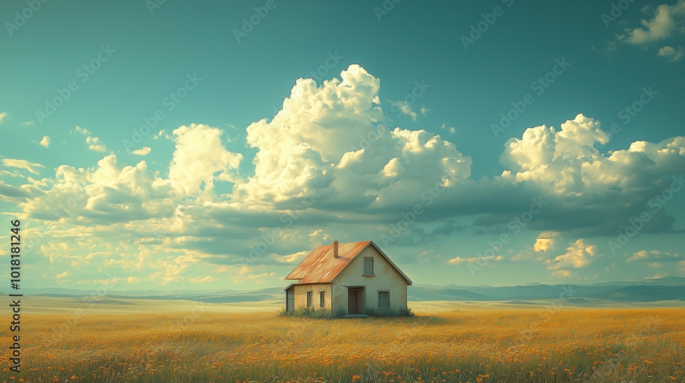 A solitary house sits in the middle of a wide-open field, under a vast sky filled with clouds. The cinematic composition evokes isolation and endless horizons. A solitary house sits in the middle of a wide-open field, under a vast sky filled with clouds. The cinematic composition evokes isolation and endless horizons.