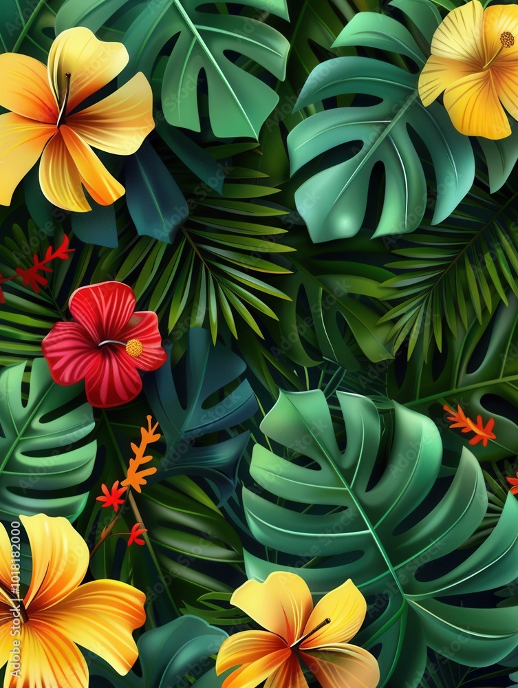 A lively arrangement of large tropical leaves showcases bright yellow and red hibiscus flowers, creating a vibrant rainforest ambiance. Generative AI A lively arrangement of large tropical leaves showcases bright yellow and red hibiscus flowers, creating a vibrant rainforest ambiance. Generative AI
